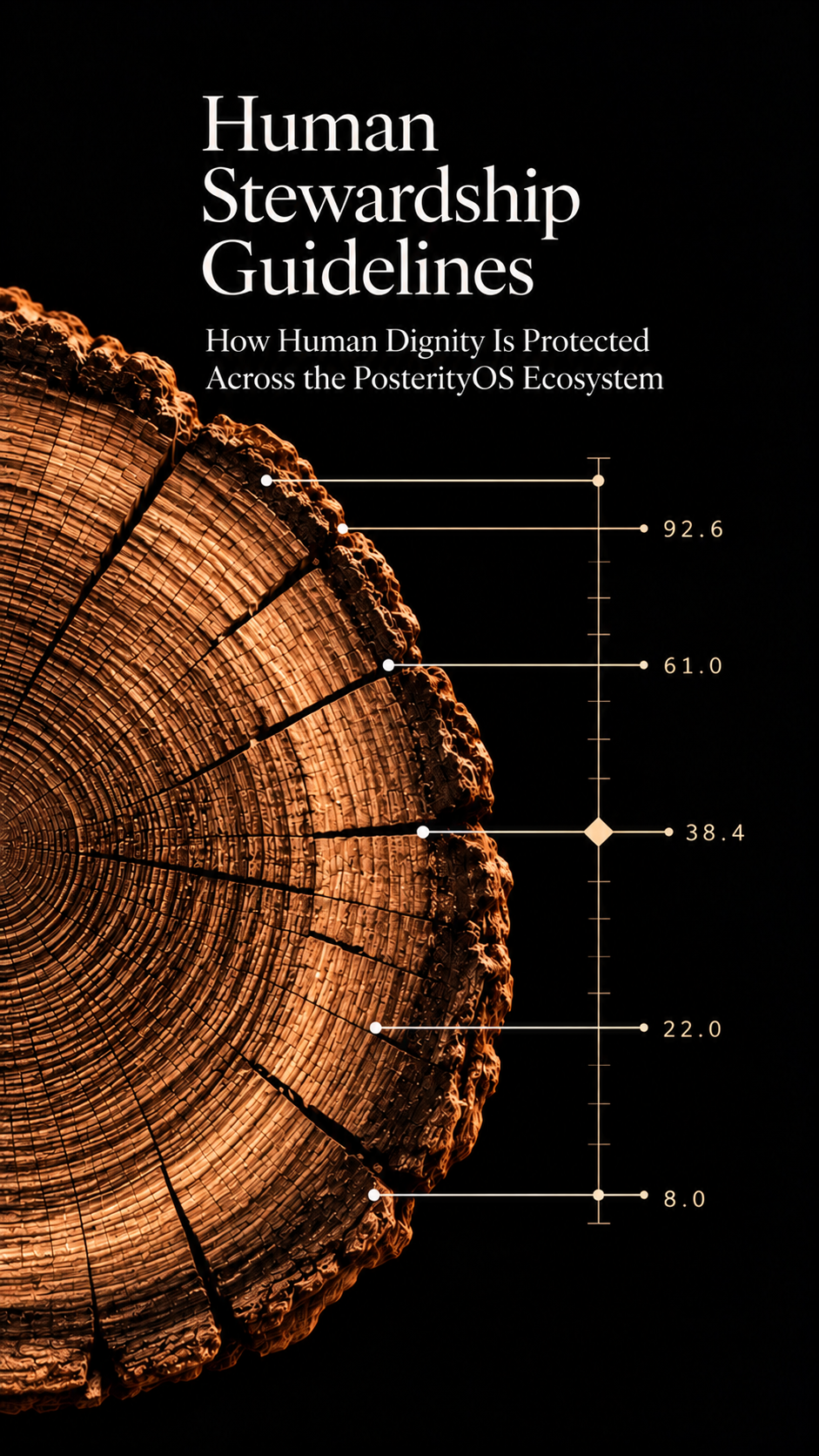 The Human Stewardship Guidelines cover, with warm copper tree rings and fine aligned measurement lines on black.